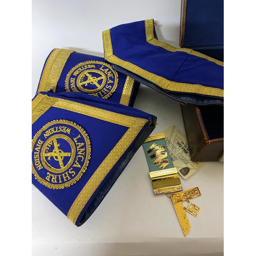 403 - Selection of Masonic sash, apron, medal and cuffs in leather case