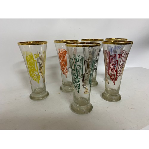 425 - Set of 6 x vintage Hi-ball tall drinking glasses, retro pattern with gold trim