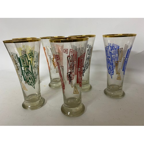 425 - Set of 6 x vintage Hi-ball tall drinking glasses, retro pattern with gold trim