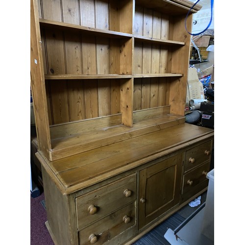 370 - Large pine dresser with drawers and cupboards to base and shelves to top,  base measures 60 x 76 x 1... 