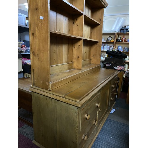 370 - Large pine dresser with drawers and cupboards to base and shelves to top,  base measures 60 x 76 x 1... 