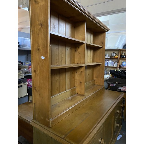 370 - Large pine dresser with drawers and cupboards to base and shelves to top,  base measures 60 x 76 x 1... 