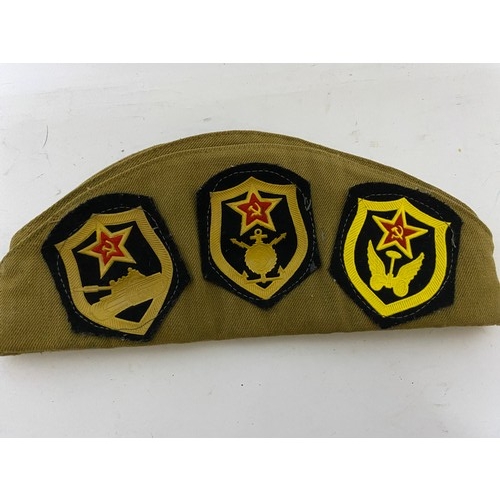 9 - Vintage Russian Military Hat with Military pin badges and cloth badges