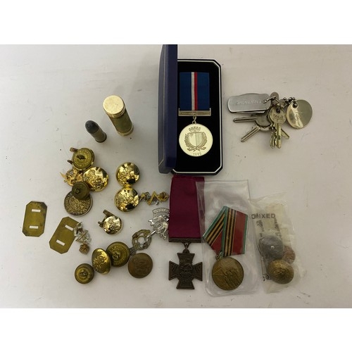 30 - Collection of Military medals, buttons, pins and bullets.