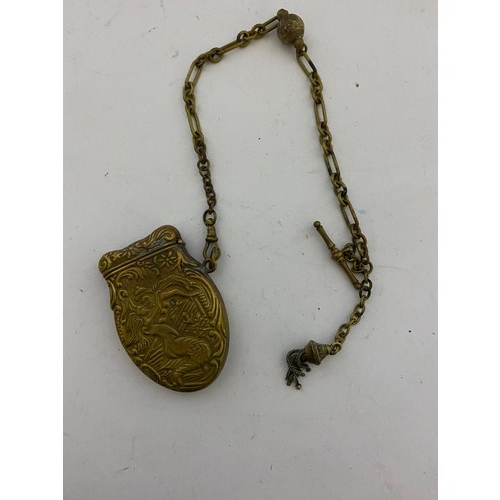 34 - Victorian Brass Vesta case with Albert chain and Fob, Mermaid design.