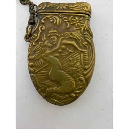 34 - Victorian Brass Vesta case with Albert chain and Fob, Mermaid design.