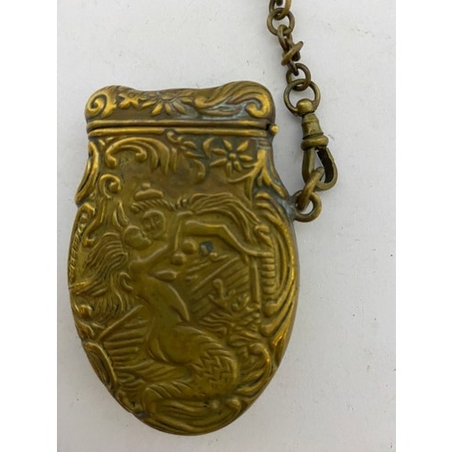 34 - Victorian Brass Vesta case with Albert chain and Fob, Mermaid design.