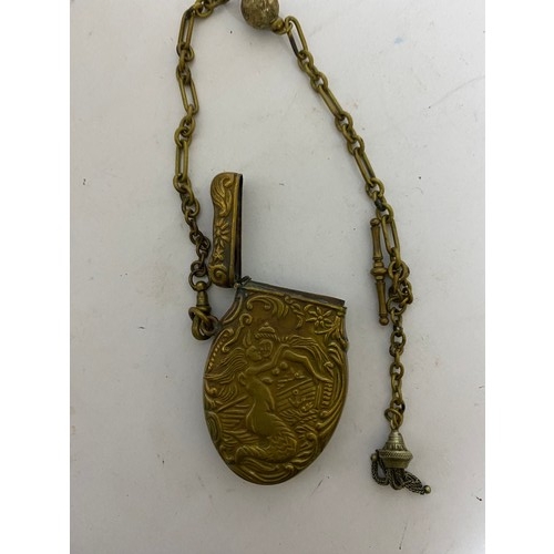 34 - Victorian Brass Vesta case with Albert chain and Fob, Mermaid design.