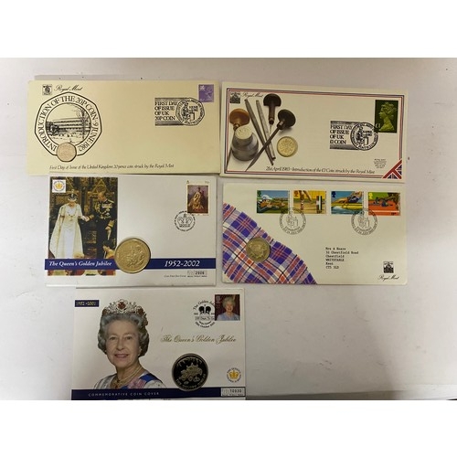 87 - Mint first day covers with uncirculated 20p, £1, £2, and 50p coins and crown covers