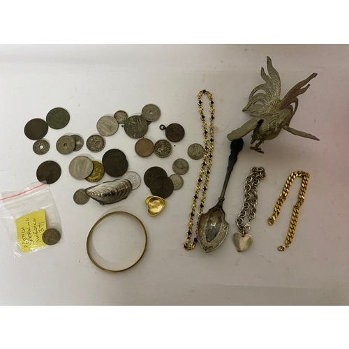 363 - Selection of curios including coins, jewellery and a metal cockerel