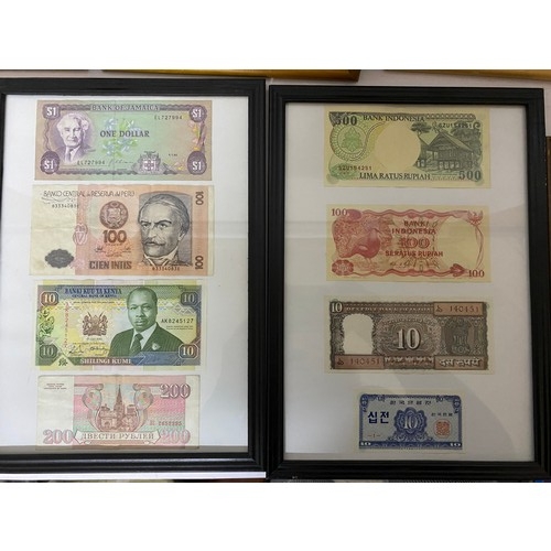 387 - Selection of old foreign banknotes in 7 assorted  frames.