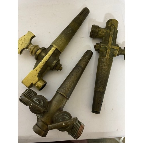 448 - 3 x solid brass beer taps including one double and a Gaskell and Chambers Dalex Cylinder