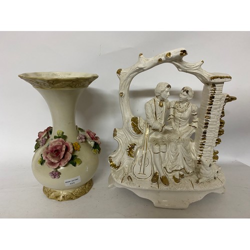 454 - Large flatback figurine in white and gold depicting man and woman and large Italian vase decorated w... 