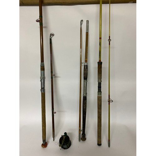 666 - Selection of 3 x vintage 2 piece sea fishing rods 1 x wooden, 1 x split cane and 1 x fibre glass and... 