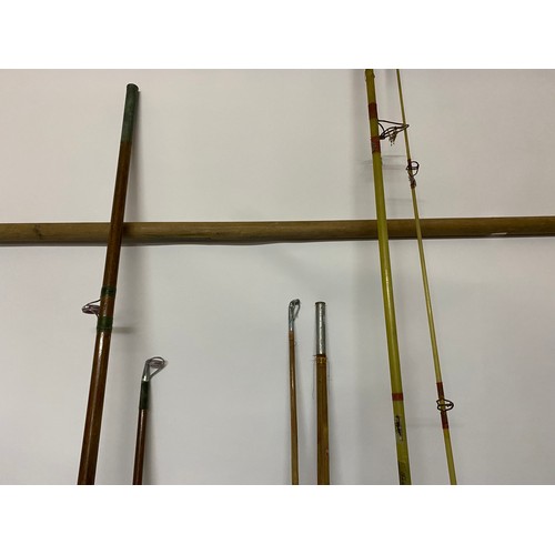 666 - Selection of 3 x vintage 2 piece sea fishing rods 1 x wooden, 1 x split cane and 1 x fibre glass and... 
