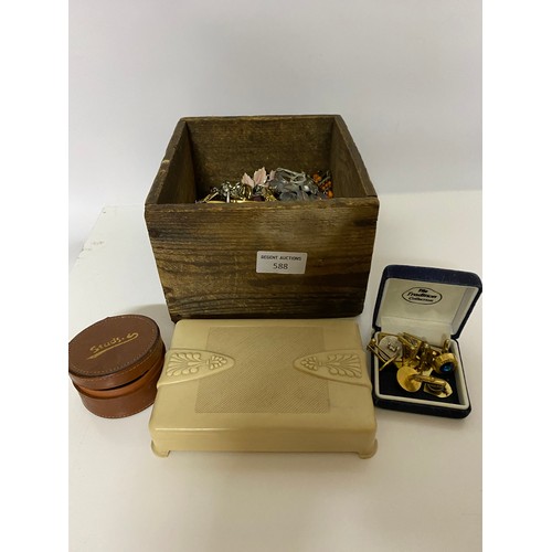 588 - Box of costume jewellery with Art Deco jewellery box and leather stud box.