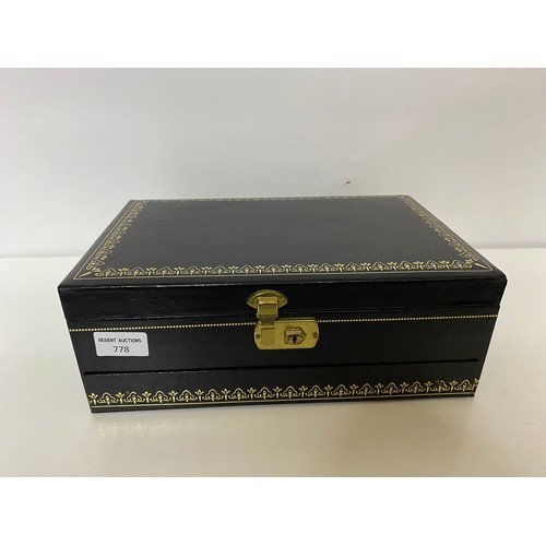 778 - Vintage 1970's Mele 3 tier Black Jewellry box, faux leather, made in USA with large variety of over ... 