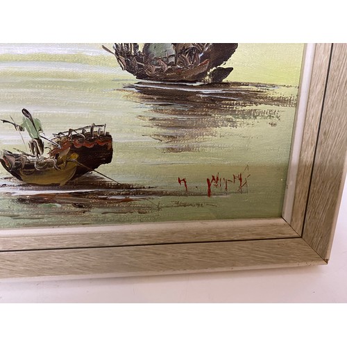 697 - Vintage oil on canvas 'Chinese Junks' framed and signed