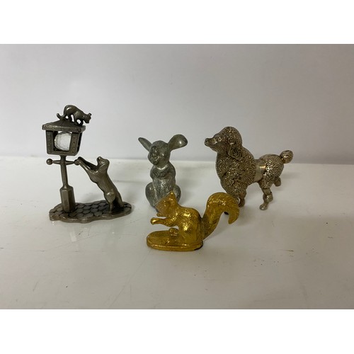 877 - Vintage WAPW pewter sculpture, silvertone cast poodle, pewter hare and goldtone squirrel.