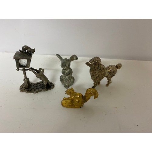 877 - Vintage WAPW pewter sculpture, silvertone cast poodle, pewter hare and goldtone squirrel.