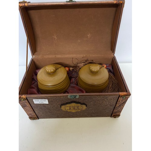 710 - Chinese tea jar set in domed top carry case