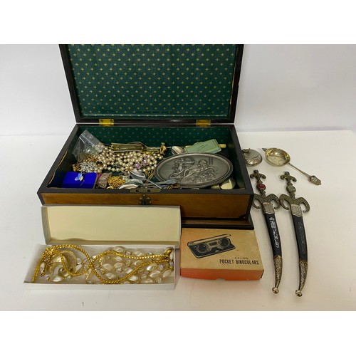 713 - Old walnut box containing vintage costume jewellery and curios.