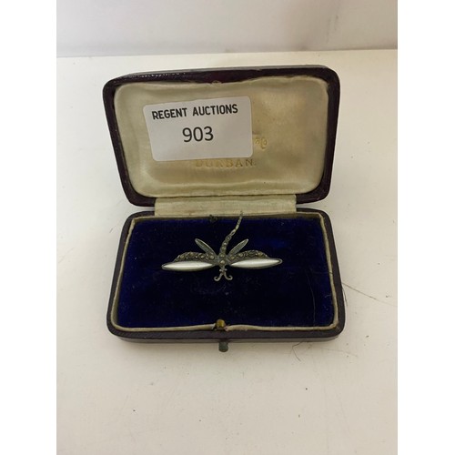 903 - Dragonfly silver brooch with Jet and Marcasite in box