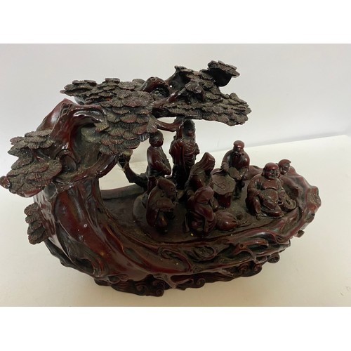 918 - Oriental style carving depicting Buddhas in garden scene. Very heavy measuring 40 x 25 cms