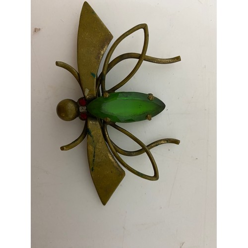 931 - Victorian Dragonfly brass brooch with green stone body.