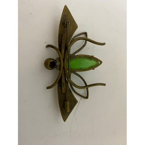 931 - Victorian Dragonfly brass brooch with green stone body.