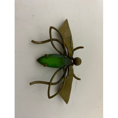 931 - Victorian Dragonfly brass brooch with green stone body.