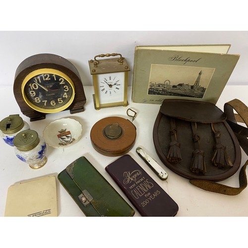 839 - Selection of curios including tape measure, penknife, clocks, sporran, salt and pepper pots etc in w... 