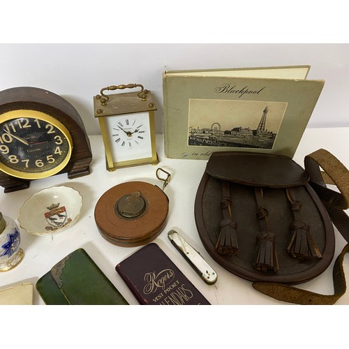 839 - Selection of curios including tape measure, penknife, clocks, sporran, salt and pepper pots etc in w... 