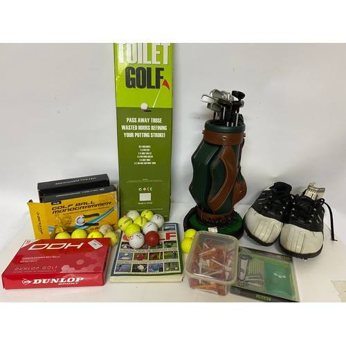 938 - Selection of golfing items including Stuburt golf shoes size 9, a golf telephone, a golf ball monogr... 