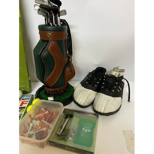 938 - Selection of golfing items including Stuburt golf shoes size 9, a golf telephone, a golf ball monogr... 