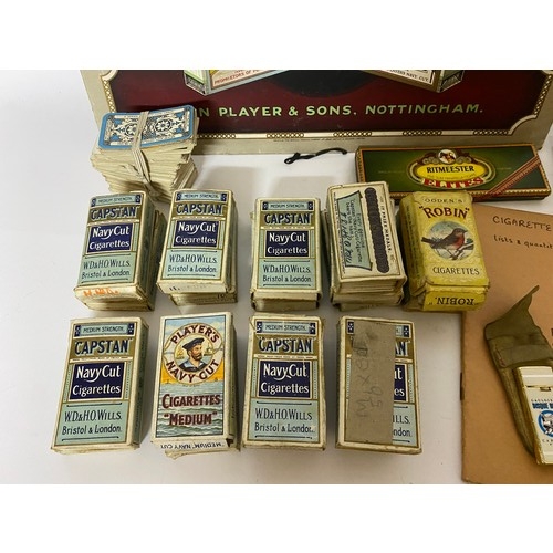 617 - Selection of smoking ephemera including cigar case, ashtray, Japanese lighter, tin with large select... 