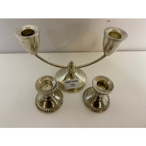 729 - Duchin Creations sterling silver weighted two branch candlestick and pair of small candlesticks