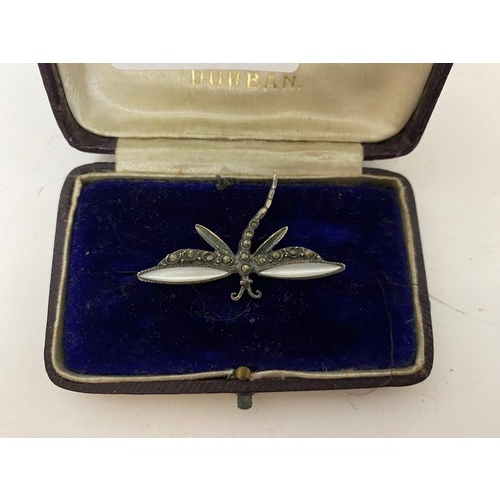 903 - Dragonfly silver brooch with Jet and Marcasite in box