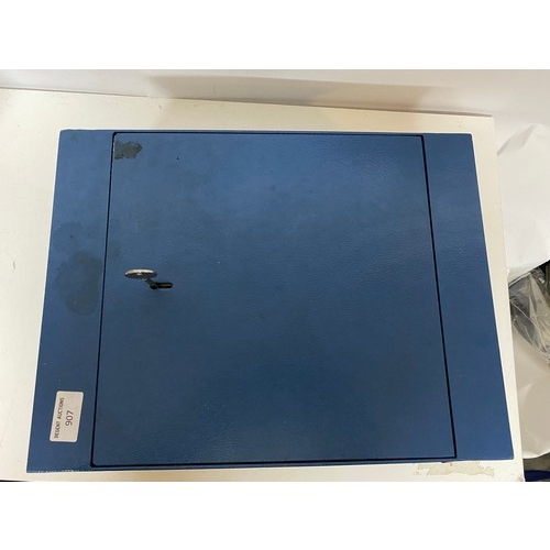 907 - Blue metal floor safe with key