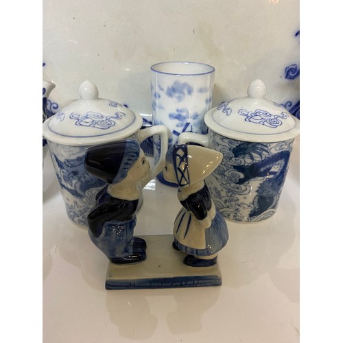 30 - Collection of blue and white pottery including large Victorian meat plate, 2 Chinese cups etc