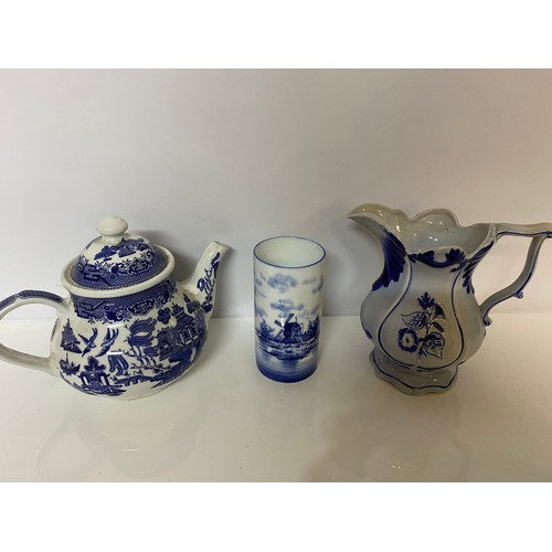 30 - Collection of blue and white pottery including large Victorian meat plate, 2 Chinese cups etc