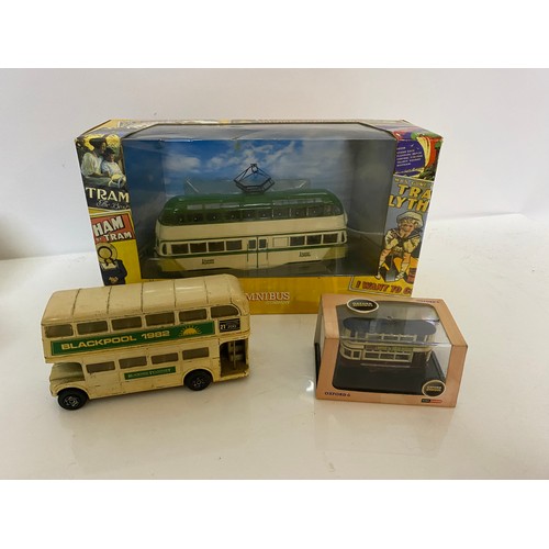 127 - Selection of die cast buses and trams. Makes include Corgi, Dinky and Exclusive First Editions