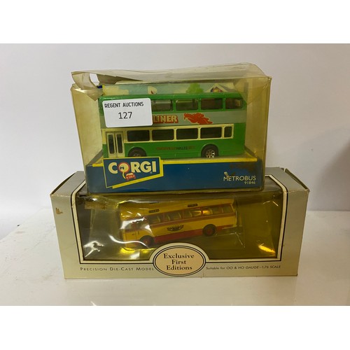 127 - Selection of die cast buses and trams. Makes include Corgi, Dinky and Exclusive First Editions