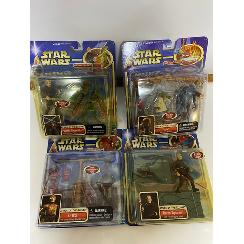 257 - Star Wars Episode II Attack of the Clones, 4 larger figure sets made by Hasbro in 2002, sealed on ca... 