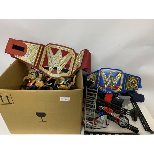 320 - Box of approx 60 x wrestling figures plus accessories and 2 championship belts