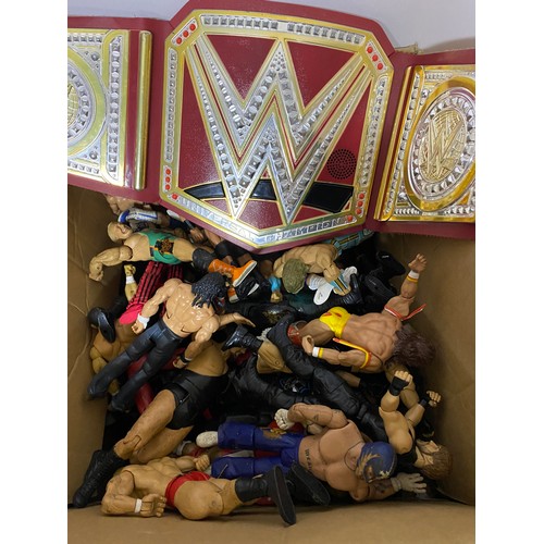 320 - Box of approx 60 x wrestling figures plus accessories and 2 championship belts