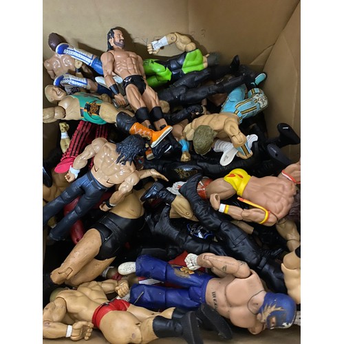 320 - Box of approx 60 x wrestling figures plus accessories and 2 championship belts