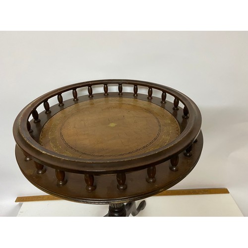 335 - Vintage round lamp table with brown leather top and gallery edge, measures 58 cms tall