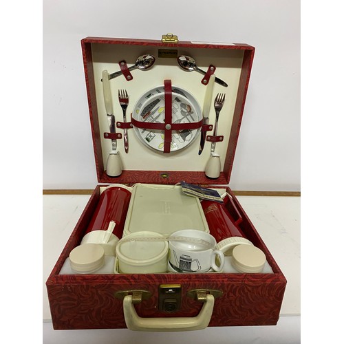 336 - Vintage Brexton picnic set for 2 in red lockable box with key.