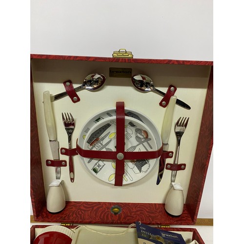 336 - Vintage Brexton picnic set for 2 in red lockable box with key.